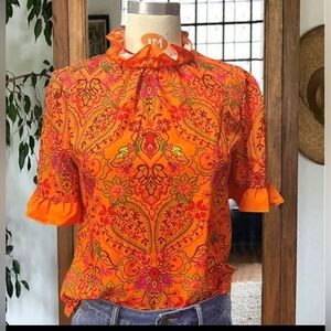 Elegant Puff Sleeve Paneled Graphic Print Top Women's Elegant  Blouse